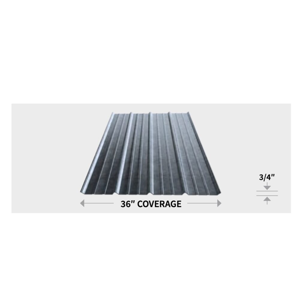 SM-Rib metal roofing panel showing ribs, 36 inch coverage and 3/4 inch rib height