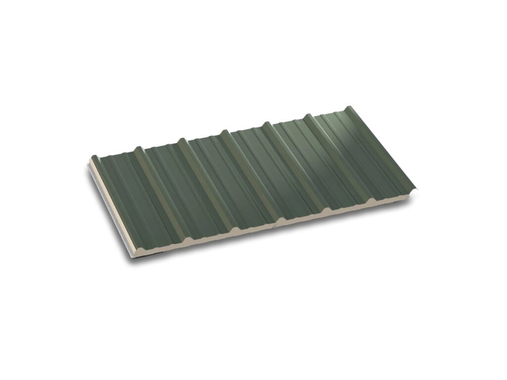 Green HighLine insulated metal panel with R-panel ribs and foam core, shown as a single sample panel