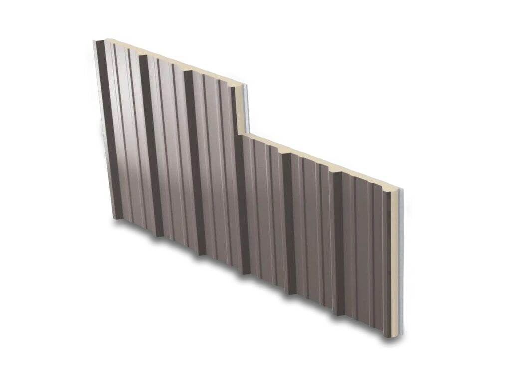 Insulated metal wall panel with tall ribs, cut to show the foam core between two steel skins