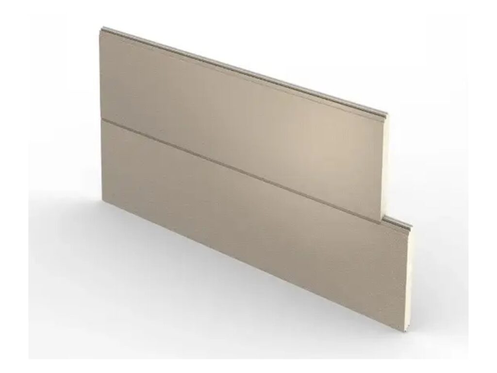 Two flat tan insulated metal wall panels joined at an offset tongue-and-groove joint