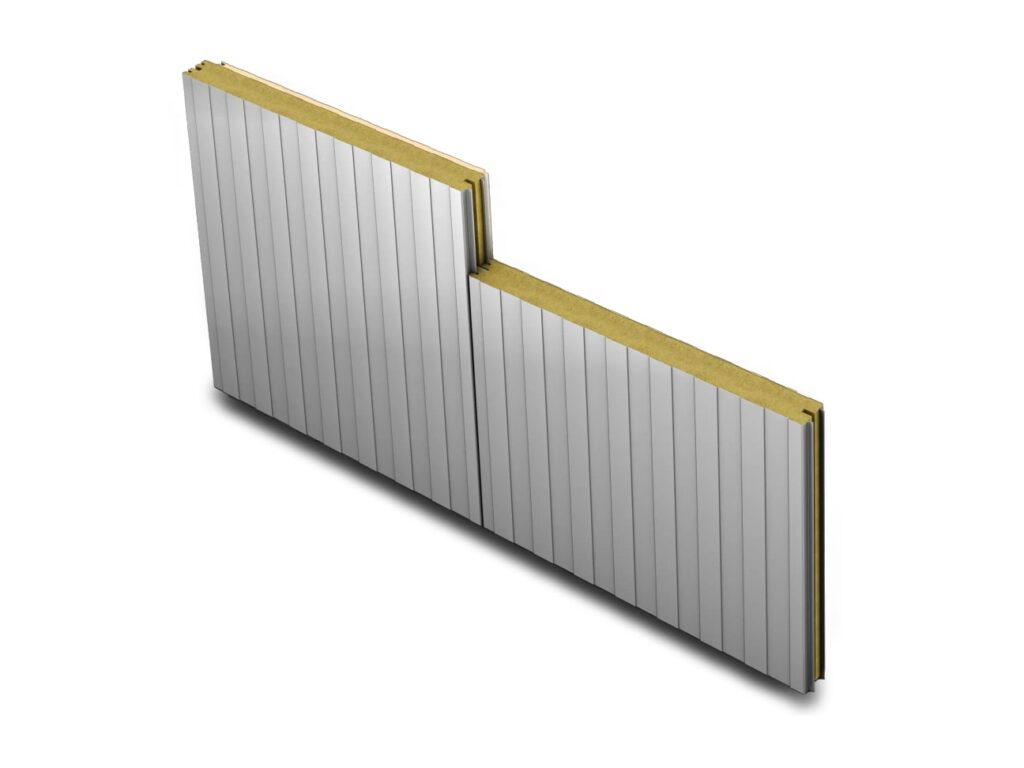 Two stepped INSULROCK insulated metal wall panels with embossed ribbed steel skins and a mineral wool core edge