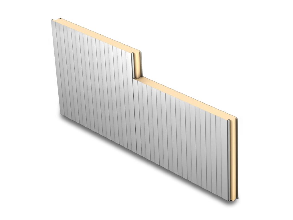 MaxLine insulated metal panel sections with vertical ribs and a foam core, shown stepped