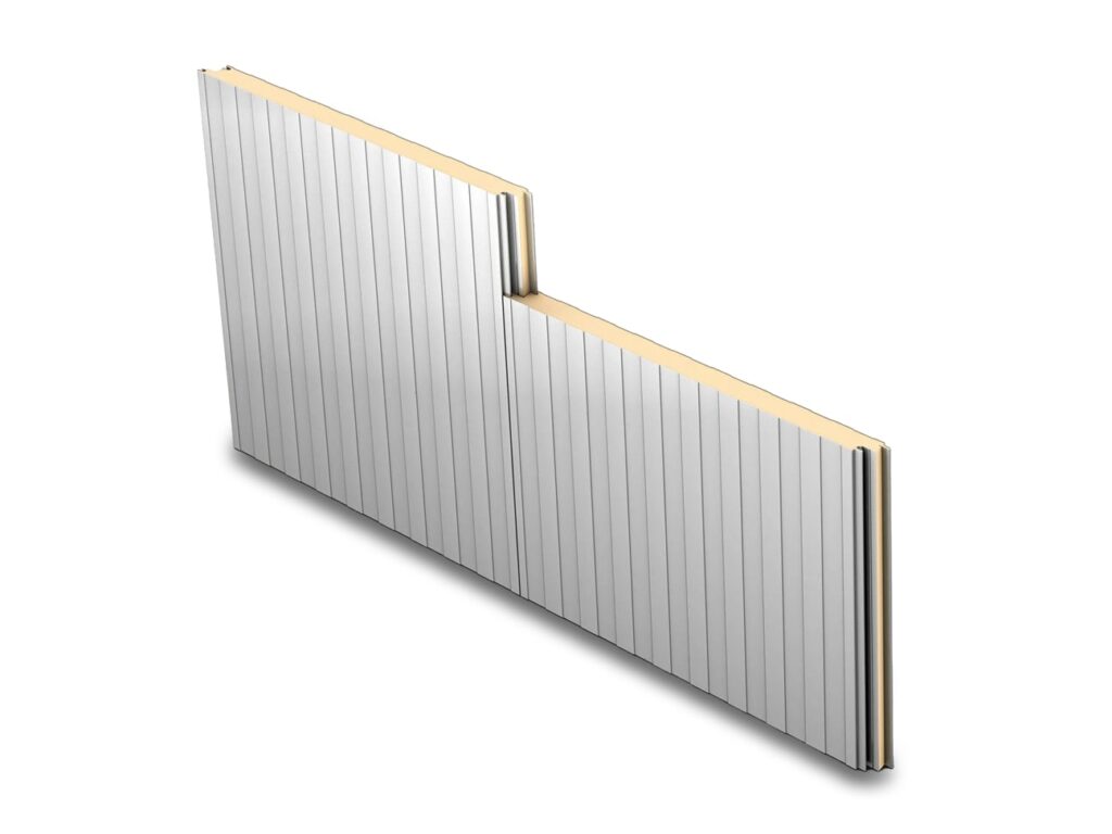 Two stepped MesaLine insulated metal wall panels with ribbed steel faces and a tan foam core edge