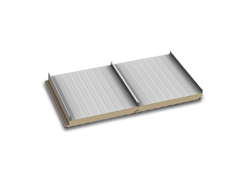 Two RidgeLine insulated roof panels joined at a raised tee-seam rib, showing the foam core