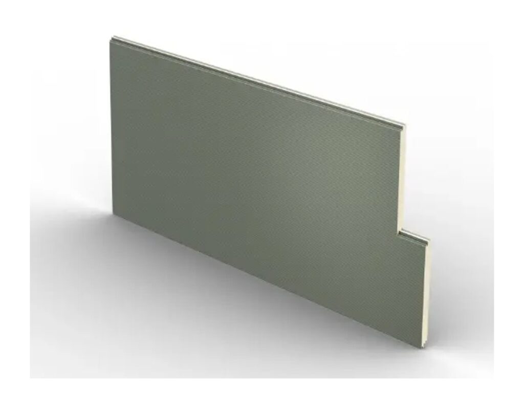 WaveLine insulated metal wall panel, two stepped panels with a micro-corrugated face in green-gray