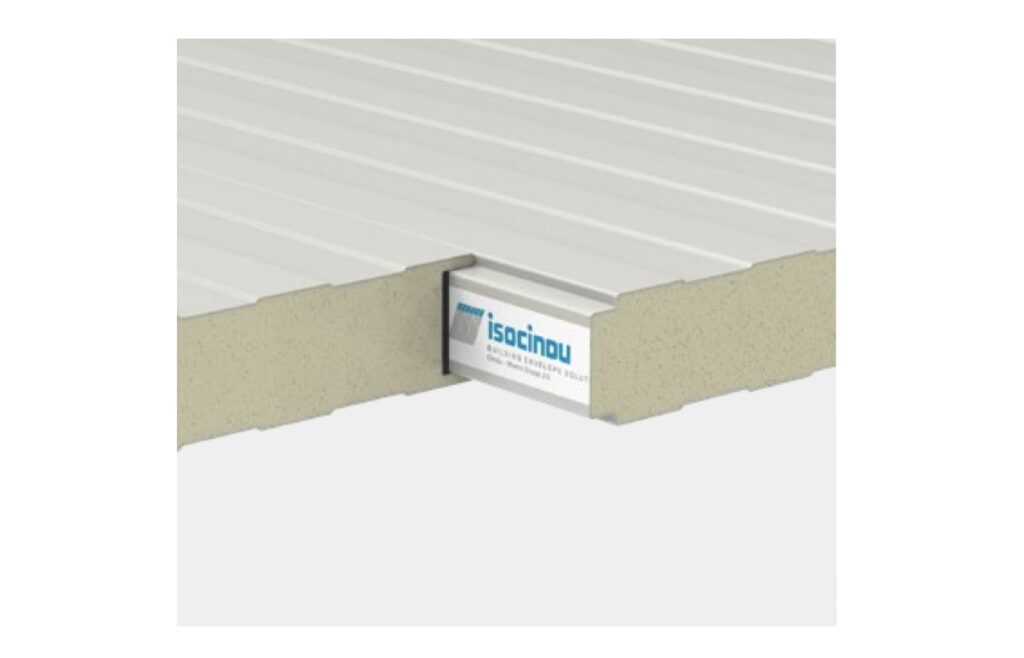 Cutaway of an Isobox wall panel showing steel face, foam core and tongue-and-groove joint