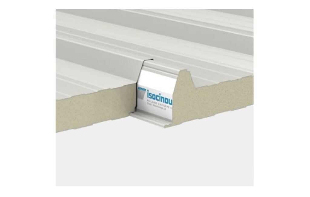 Cut end of an Isocop 4 roof panel showing foam core, steel faces and a saddle clip