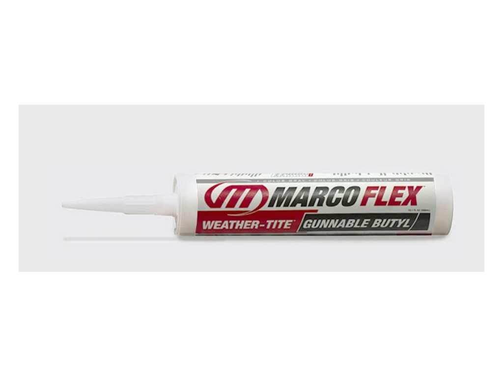 White MarcoFlex Weather-Tite Gunnable Butyl sealant cartridge with applicator tip on a light gray background
