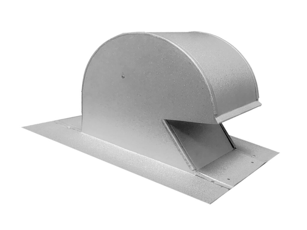Galvalume gooseneck roof vent with rounded hood, sloped throat and flat flange on white background