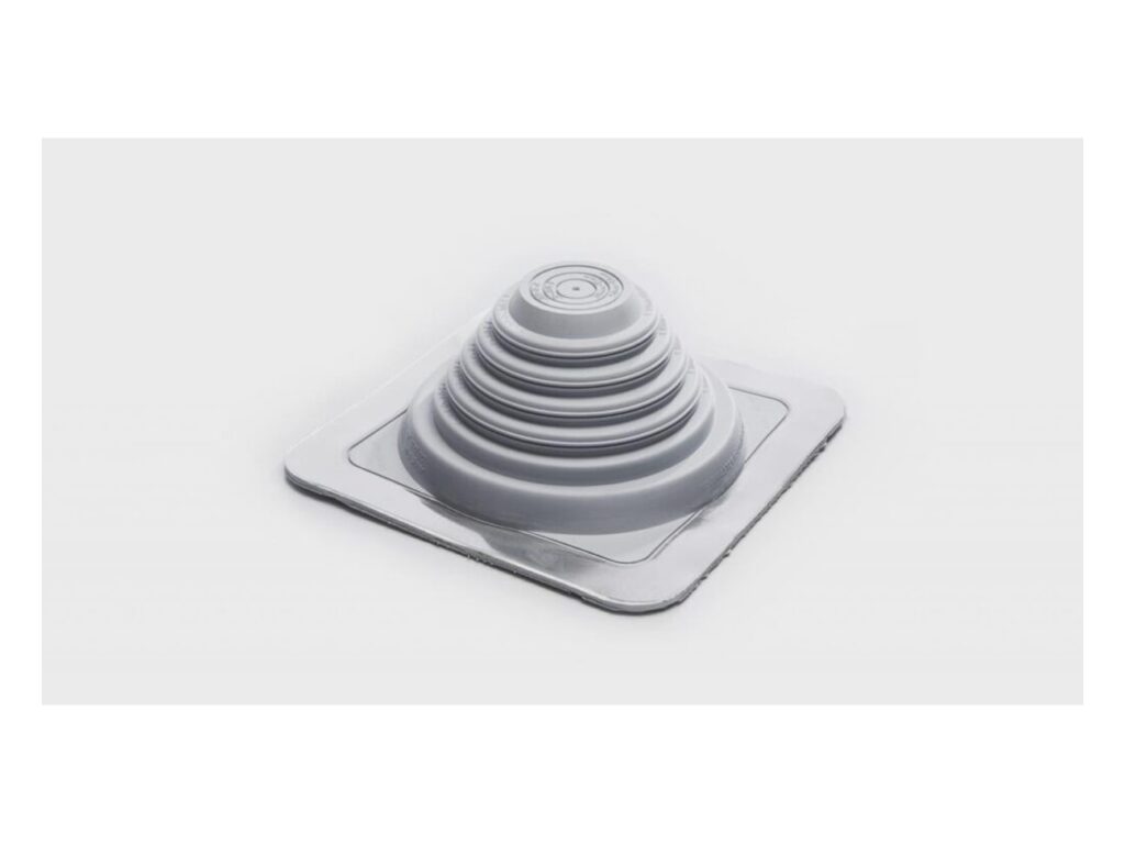 Gray square-base flexible stepped pipe boot with metal flange, product photo on plain background