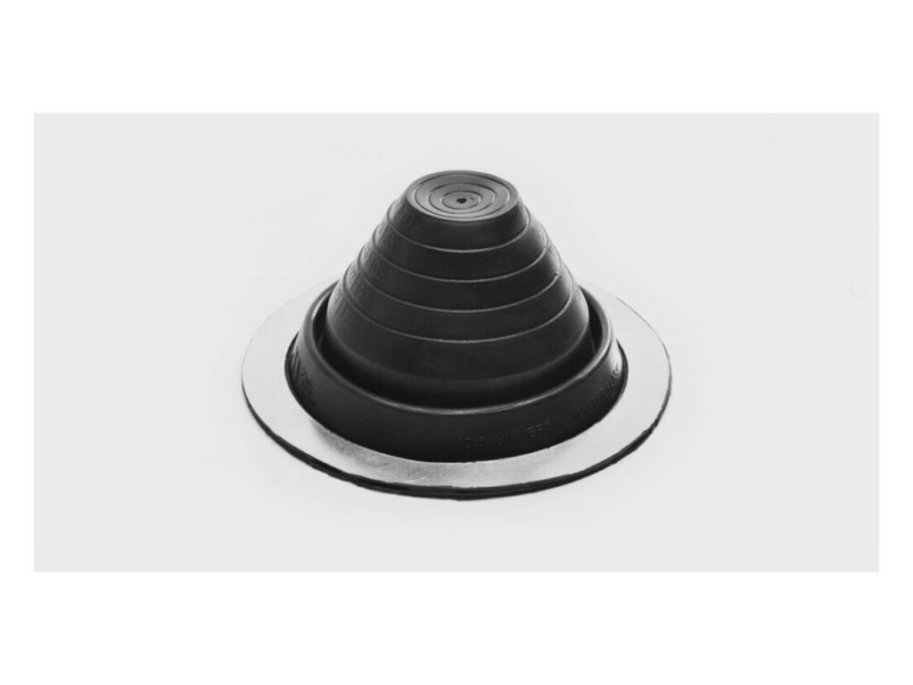 Black round flexible sleeve pipe boot with stepped cone on a metal base flange