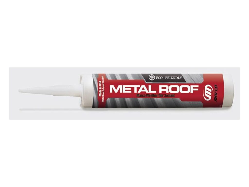 Cartridge of Marco Weather-Tite Metal Roof Sealant with a white nozzle and red label