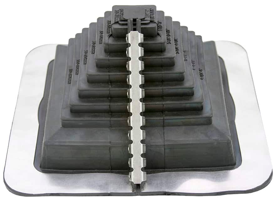 Black Square Vent Master Flash with stepped square tiers on an aluminum base