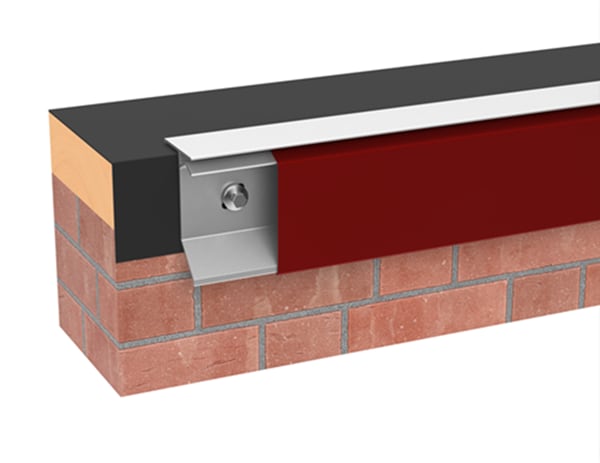 Cutaway rendering of Metal-Era Anchor-Tite Drip Edge in red at a roof edge above a brick wall