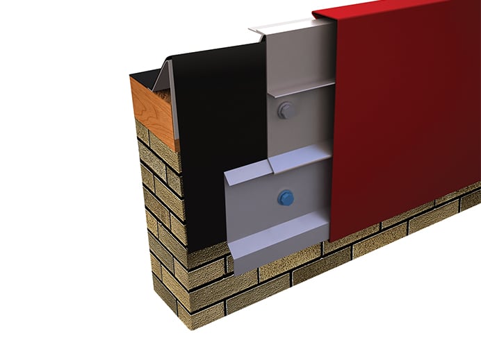 Cutaway rendering of Metal-Era Anchor-Tite Extended Canted Fascia with a red face at a roof edge