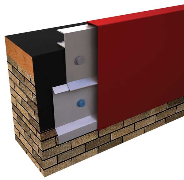 Cutaway rendering of Metal-Era Anchor-Tite Extended Fascia with a red face at a roof edge