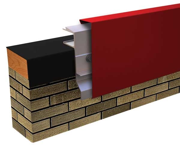 Cutaway rendering of Metal-Era Anchor-Tite HG Fascia with a red face at a roof edge