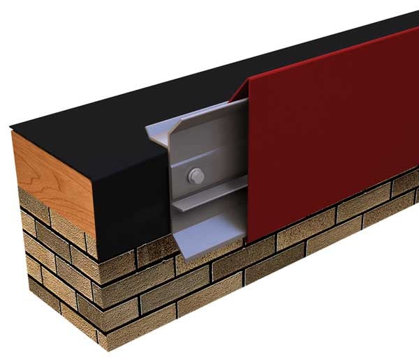 Cutaway rendering of Metal-Era Anchor-Tite Standard Fascia with a red face at a roof edge