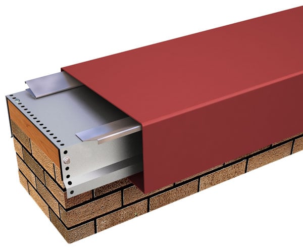 Cutaway rendering of Metal-Era Creative Design Bold Face Coping with a red cover on a brick parapet wall