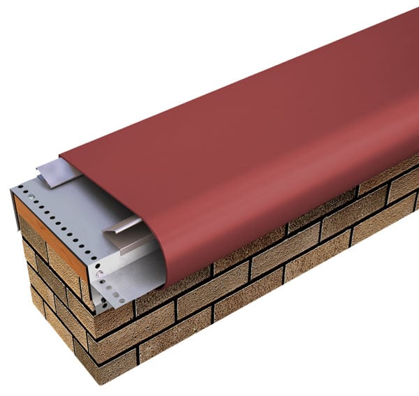 Cutaway rendering of Metal-Era Creative Design Bullnose Coping with a rounded red face on a brick parapet wall
