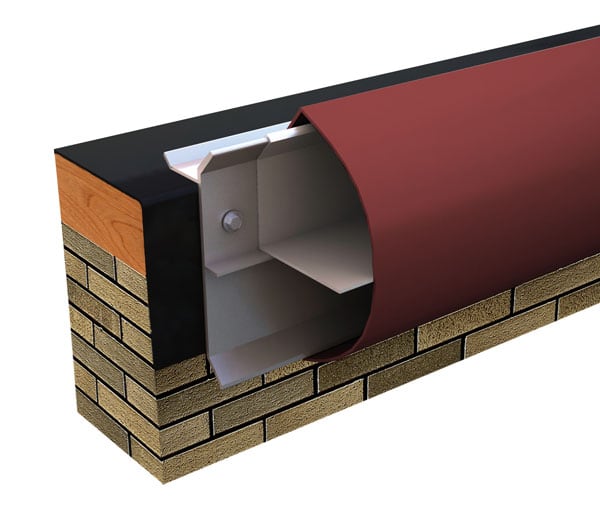 Cutaway rendering of Metal-Era Creative Design Bullnose Fascia with a rounded red face at a roof edge