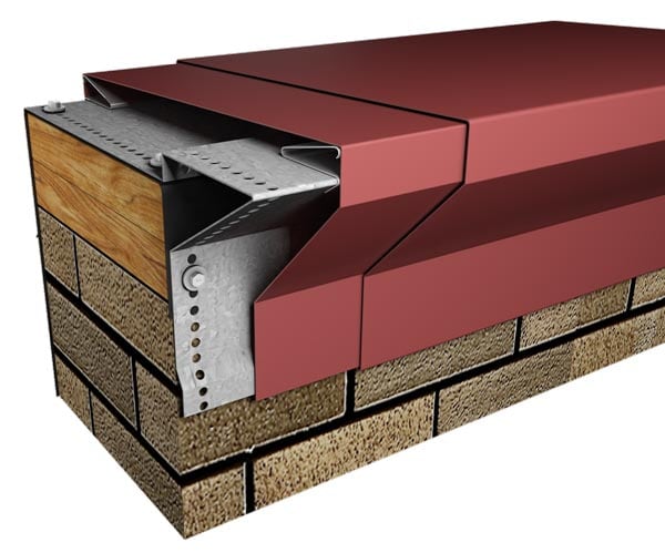 Cutaway rendering of Metal-Era Creative Design Cornice Coping with a stepped red face on a brick parapet wall