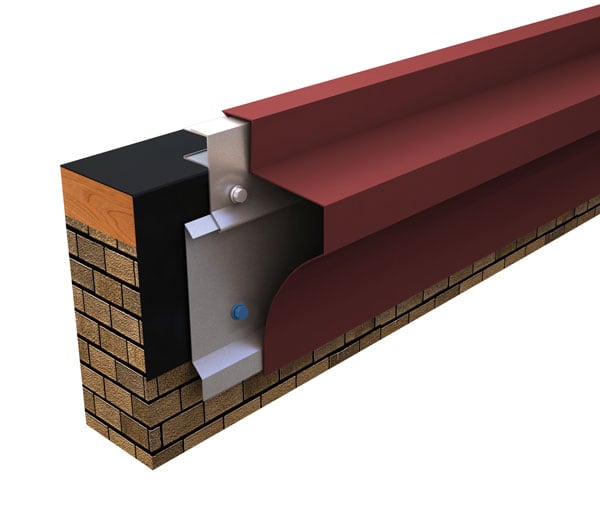 Cutaway rendering of Metal-Era Creative Design Cornice Fascia with a stepped red face at a roof edge