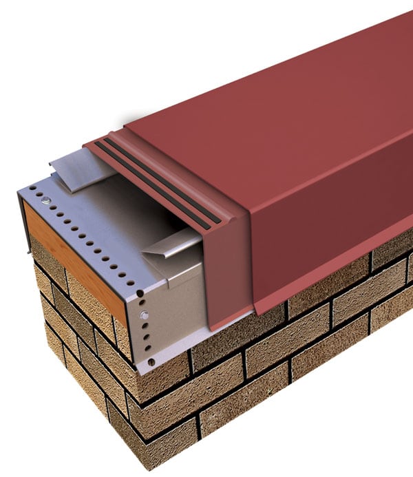 Cutaway rendering of Metal-Era Creative Design Leak-Tite Coping with a red cover on a brick parapet wall