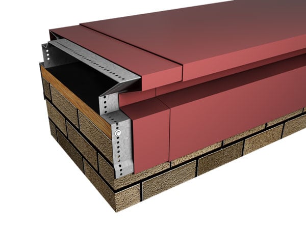 Cutaway rendering of Metal-Era Creative Design Reveal Coping with a red cover and reveal line on a brick parapet wall