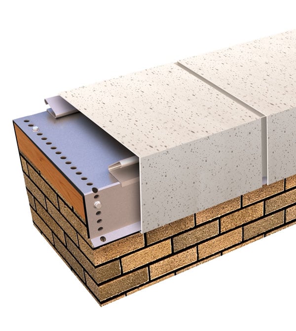 Cutaway rendering of Metal-Era Creative Design Stone-Look Coping with a stone-finish cover on a brick parapet wall