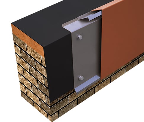 Cutaway rendering of Metal-Era One Edge Extended Fascia with a brown face at a roof edge