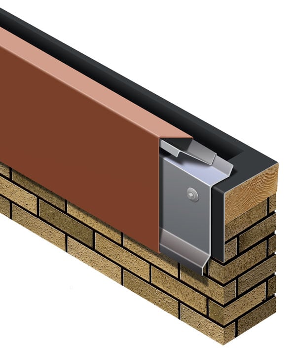 Cutaway rendering of Metal-Era One Edge Fascia with a brown face at a roof edge