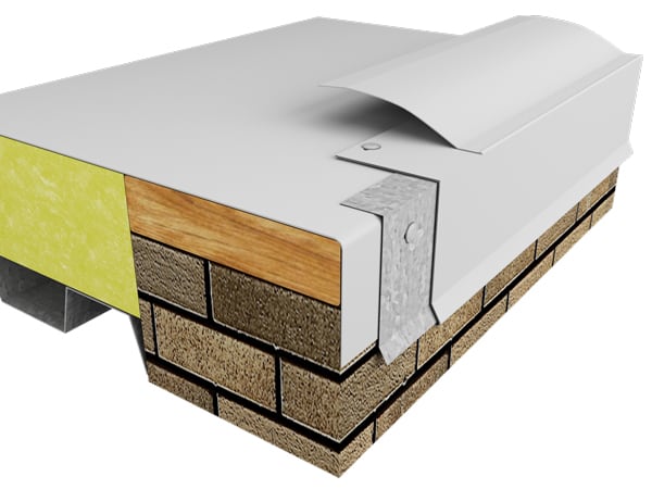 Cutaway rendering of Metal-Era One Skirted Drip Edge in white at a roof edge