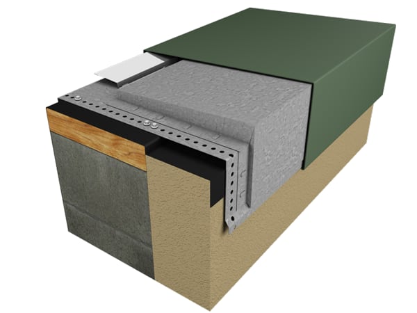 Cutaway rendering of Metal-Era Perma-Tite Cantilever Coping with a green cover on a parapet wall