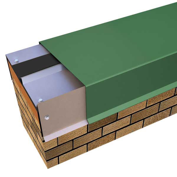 Cutaway rendering of Metal-Era Perma-Tite Continuous Cleat Coping with a green cover on a brick parapet wall