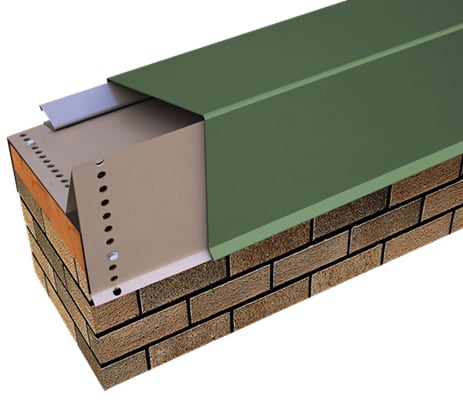 Cutaway rendering of Metal-Era Perma-Tite Coping with a green cover over anchor clips on a brick parapet wall