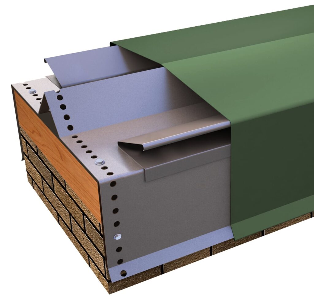 Cutaway rendering of Metal-Era Perma-Tite Double Tapered Coping with a green cover on a brick parapet wall