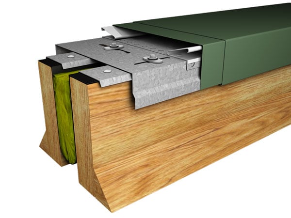 Cutaway rendering of a Metal-Era Perma-Tite Expansion Joint cover with a green cap over a joint between two curbs