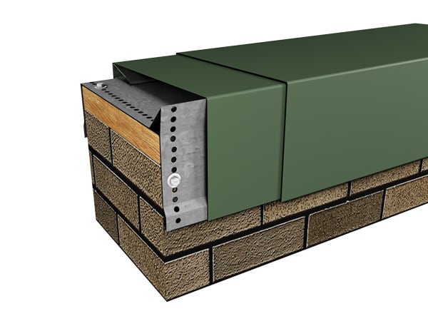 Cutaway rendering of Metal-Era Perma-Tite Gold Coping with a green cover on a brick parapet wall