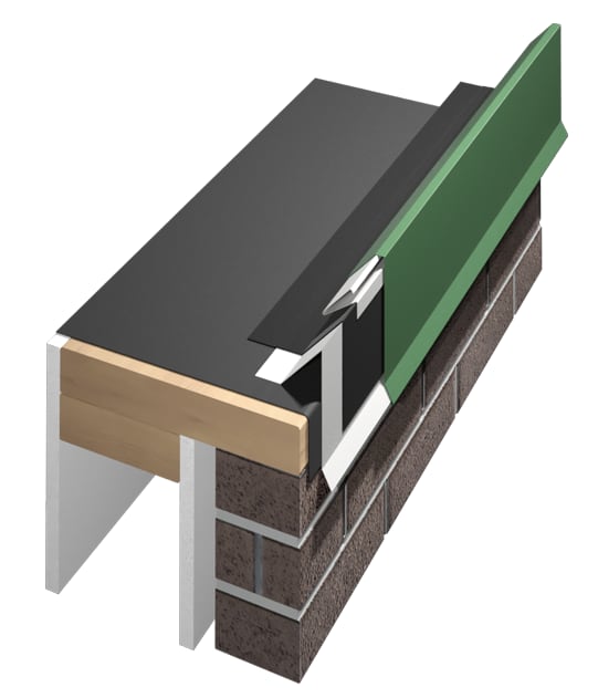 Cutaway rendering of Metal-Era Perma-Tite System 200 Fascia with a green face at a roof edge