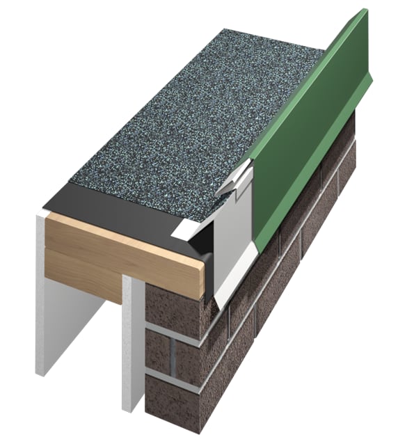 Cutaway rendering of Metal-Era Perma-Tite System 300 Fascia with a green face at a roof edge
