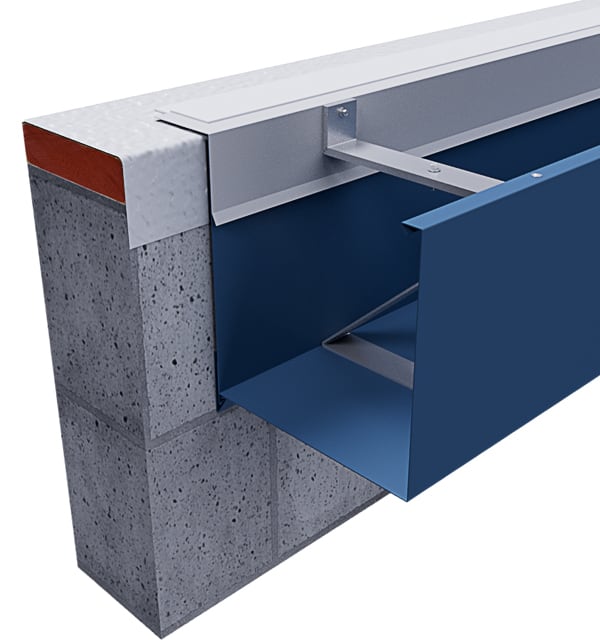 Cutaway rendering of a blue Metal-Era Seal-Tite XL Gutter on hangers at a roof edge