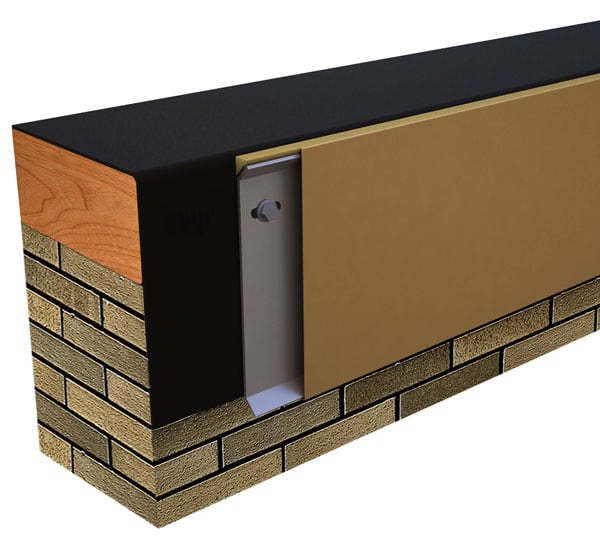 Cutaway rendering of Metal-Era Termination Bar Fascia with a tan face at a roof edge