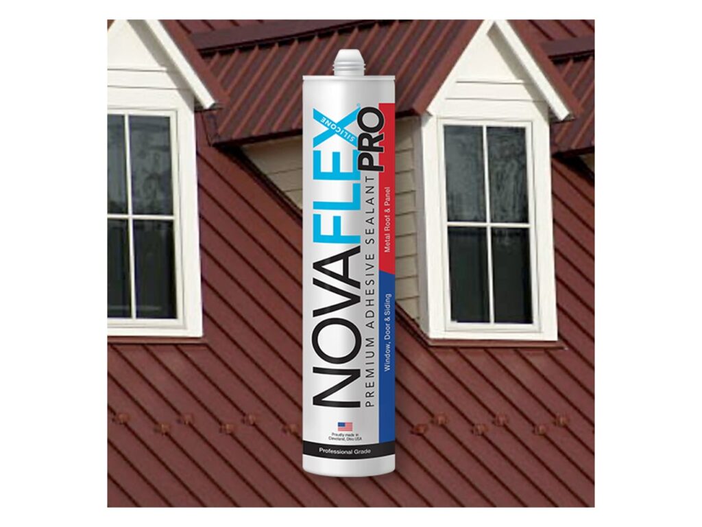 NovaFlex Pro sealant cartridge over a red metal roof with dormer windows on a building