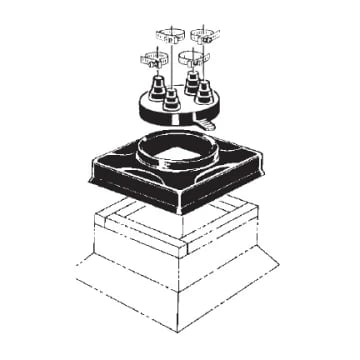 Exploded drawing of a Portals Plus Pipe Portal: curb, curb cover and stepped caps with clamps