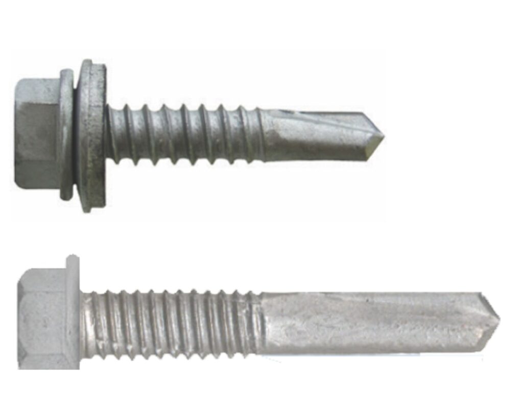 Two BLAZER self-drilling screws with hex washer heads and drill points, side by side