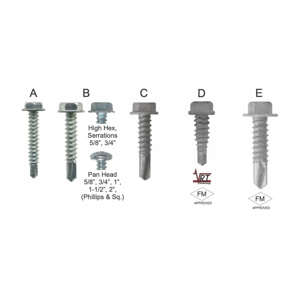 Row of BLAZER hex washer head self-drilling screws with high hex and pan head variants