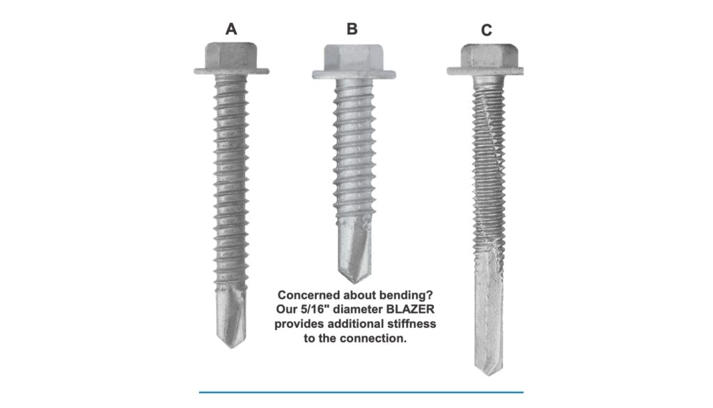 Three BLAZER hex washer head self-drilling screws of different lengths and thread types