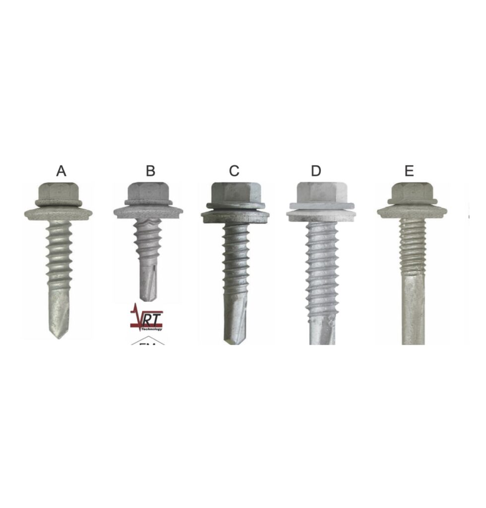Five BLAZER self-drilling screws with hex heads and EPDM sealing washers, labeled A to E