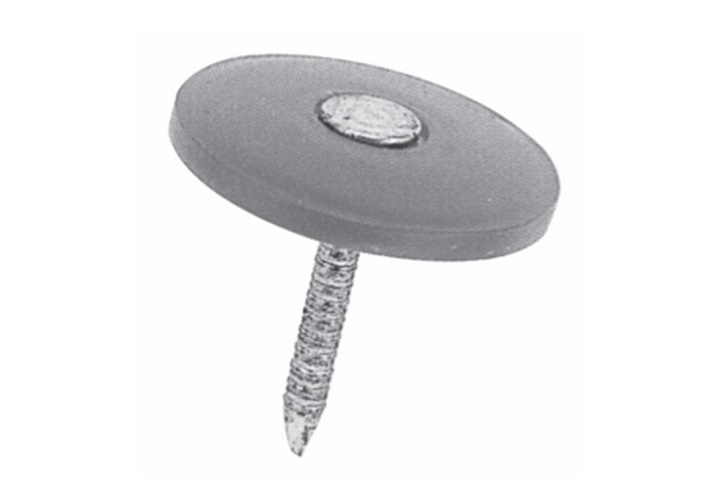Round plastic Plex-Cap roofing cap nail with ring shank on white background